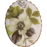 Vintage Ceramic Transferware Brooch Pin Green Black Flower Oval Gold Tone Estate White Photo 0