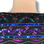Vintage Collarless Beaded Silk Evening Jacket Black Purple Teal Sequin Elegant Size 14 Photo 2