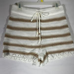 Madden NYC Striped Crochet Knit Shorts Women Drawstring Beach Boho Tan Sz L White Size L Photo 0
