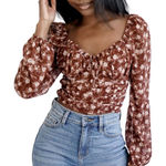 Le lis  Peasant Top Blouse Women's Large Brown Floral Crop Boho Cottage Milkmaid Photo 0