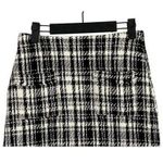 ZARA Tweed Plaid Mini Skirt Front Pockets Fringe Hem Zip Up Back XS Black White Photo 2
