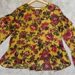 Loft Woodland Bell Sleeve Blouse Top Sheer Floral Print Mustard Yelloww Boho L Photo 3