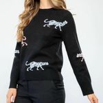 THML  women’s size medium black leopard sweater long sleeve pullover crew neck Photo 2