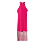 Mango MNG Women's Halter Neck Fringe Dress Size 8 Pink Sleeveless Knit Midi Photo 2