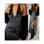 Free People  Dance Till Dawn Black Satin High Slit Plunge Halter Maxi Dress M NWT Photo 1