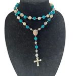 None Blue Chalcedony Stone Miraculous Medal Rosary 3D Crucifix Catholic Silver Bead Photo 0