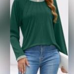 Merokeety NWT Women Green Long Sleeve Pleated Round Neck Elegant Top Photo 3