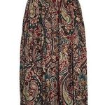 Vintage Paisley Pleated Midi Skirt Size Small 1970s USA Beige Red Elastic Waist Photo 0