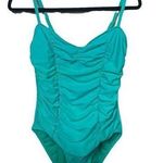 ABS Allen Schwartz ABS turquoise ruched front size 10 one piece bathing suit. Photo 0