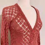 Pink Rose  Sheer Crochet Button Up Cardigan Mocha Umber S Small Photo 2