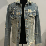 Unif Distressed Denim Jacket with Studs  brand xs American flag on back Photo 0