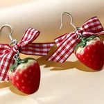 Strawberry Earrings with Red Gingham Bows Photo 1