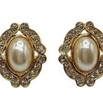 Vintage Gold Framed Pearl and Rhinestone Costume Earrings Large Statement Glam Photo 3