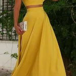 TS Couture 2 Piece Midi Skirt Set Mustard Yellow Cropped Ruffle Top NWT 0 Chic Photo 0