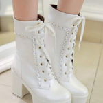 Women’s White Lace Up Chunky Heeled Boots Size 11 (42 EU) NEW White Photo 0