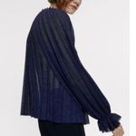 ZARA  Knit Blue Pleated Bell Sleeve Ruffle High Neck Semi Sheer Blouse Size M Photo 3