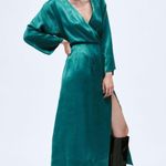 ZARA NWT Teal Satin Effect V-Neck Midi Dress Festive Holiday Photo 0