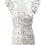 Sage White Floral Sleeveless Flutter Sleeve Lace-up Ruched Mini Bodycon Dress S Photo 0