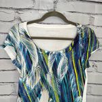 Calvin Klein Jeans Women's Blue Feather Print Top SZ Petite S Crew Relaxed Fit White Photo 4