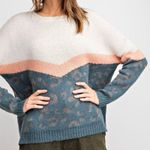 easel Sweater Womens S Colorblock Teal White Leopard Fuzzy Oversized Boho Cozy Photo 1