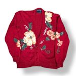 Vintage 90s Herman Geist Hand Embroidered Floral Knit Cardigan Sweater Red Crop Size M Photo 8