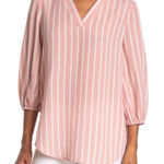 Adrianna Papell  V-Neck 3/4 Balloon Sleeve Crepe Blouse in‎ Pink White Stripes, S Photo 0