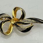1980s Gold Plated Black Enamel Sparkly Diamanté Bow Brooch Party Evening Outing Photo 7