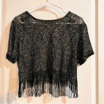 90s Black Silver Cropped Fringe Top Size 12 Photo 1
