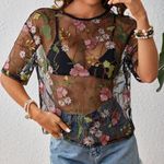 SHEIN Vacay Sheer Floral Mesh Plus Size Top Black Photo 0