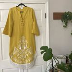 Cara Cara Molly Caftan Yellow Linen Dress White Embroidered Fringed Hem Size XS‎ Photo 1