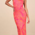 Lulus NWT  Camadi Hot Pink Animal Print Mesh Backless Midi Dress Bohemian Sz L Photo 0