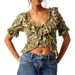 Free People  Favorite Girl Top Green Floral Cropped Cottage Boho Ruffle Small Photo 0