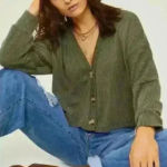 Altar'd State Altar’d State Aida Ribbed Button Down Olive Green Top Size M Photo 0