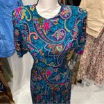 Beautiful teal floral paisley vintage flowy pleated skirt drop waist dress 80’s Blue Photo 2