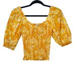 Open Edit  Womens Yellow Floral Peasant Blouse Square Neck Smocked Cottage XS Photo 4
