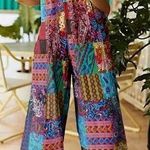 Bohemian Colorful Patchwork Suspender Jumpsuit Wide Leg S Blue Photo 1