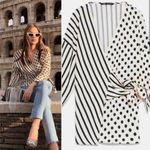 ZARA  Cream and Black with Stripe and Polka Dots Wrap Blouse Long Sleeve Top Photo 1