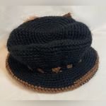 Knit Hat Women Fuzzy Bow Pearls Black Brown Cottage Style Crochet Photo 2