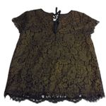 Joie  Top Womens X Small Black Gold Lace Tie Back Short Sleeve Blouse Scalloped Photo 1