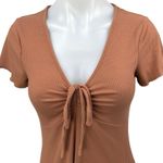 Nordstrom BP Brown Rib Knit Short Sleeve V-Neck Ruched Tie Mini Bodycon Dress S Photo 2