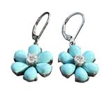 New Sleeping Beauty Turquoise Flower 925 Earrings with Diamond Center Blue Photo 3