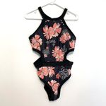 NEW NWT HOLIPICK High Neck One Piece Cutout Swimsuit Black Coral Tropical Floral Size M Photo 2