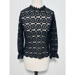None Boho Open Knit Crochet Floral Lace Top Long Sleeves High Neck Black Size Large Photo 9
