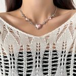 Creative Pink Love Heart Silver Plated Chain Necklace Punk‎ Y2K Style Neck Photo 1