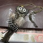 Vintage 1970s Large Rhinestone Spotted Owl Boho Feather Long Legnth Necklace White Photo 3