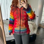The Collection Royal Women’s Medium Patchwork Boho Aztec Zip Up Jacket Red Photo 3
