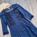 Poetry  embroidered navy blue black linen midi dress lagenlook art to wear size 2 Photo 3