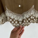 Dana Buchman 100% Linen Embroidered Button Front Brown Floral Scallop Trim 10 Photo 5