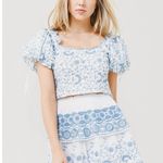 Love Shack Fancy Melina Broderie Anglaise Blue Eyelet White Puff Sleeve Crop Top Photo 0