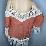 Dreamers Boho Hippie Off Shoulder Fringe Blouse Top Burnt Orange Cream Size XL Photo 6